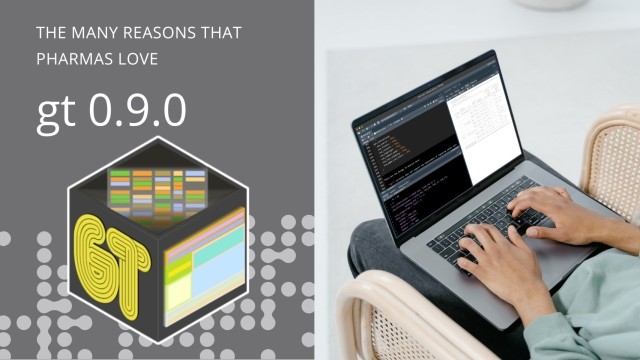 The many reasons that pharmas love gt 0.9.0. The gt hex sticker and the image of someone making a gt clinical table on their laptop.