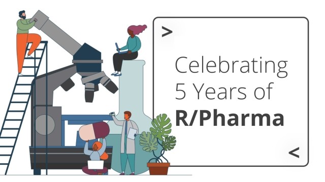 Text: Celebrating 5 years of R/Pharma. A cartoon of minature people looking through a microscope and holding various pharma-related things.
