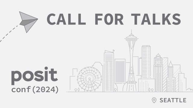 posit conf(2024) call for talks with the outline of the Seattle skyline