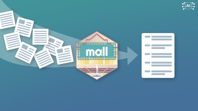 Illustration demonstrating how an AI-powered system gathers data from various documents and compiles it into a single, organized format, using the mall hex to represent the AI processing.