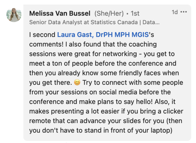 Message from Meslissa Van Bussel: I second Laura Gast