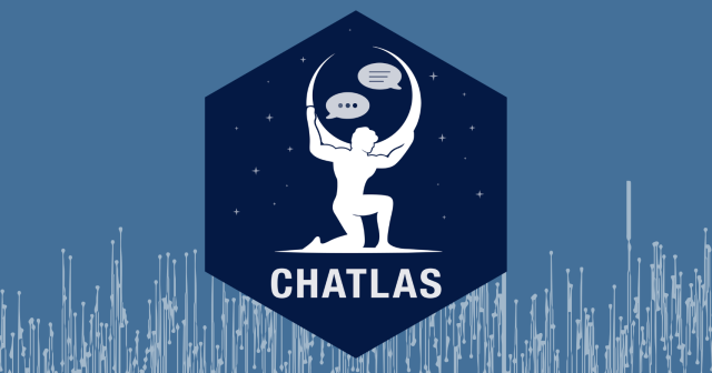 A dark blue hexagon with rounded corners containing a white silhouette of Atlas kneeling and holding two white chat bubbles above him. Below the hexagon is the word "CHATLAS" in white text. The background is a lighter blue with a pattern of white lines and dots resembling a circuit board.