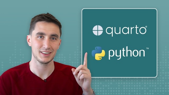 Image showcasing the 'Quarto' and 'Python' logos, with Keith Galli on the left pointing towards them, likely indicating a connection or relationship between the two technologies.
