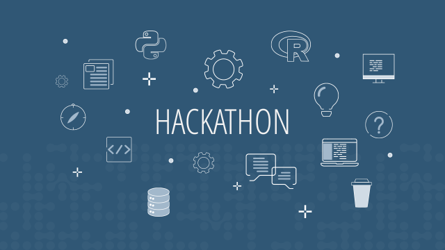 A dark blue graphic with white text 'HACKATHON' in the center. Surrounding the text are various white line icons related to programming and data science, including the Python logo, the R logo, code brackets, a database cylinder, a computer screen, a laptop with code, chat bubbles, a lightbulb, a question mark, gears, a document, a compass, a coffee cup, and plus signs and dots connecting some of the elements. The background has a subtle pattern of light blue dots and squares.
