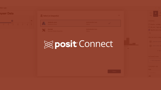 A slightly blurred screenshot of a software interface with a dialog box titled 'Select an Integratee' partially visible. Overlaid prominently in the center is the 'posit Connect' logo in white. The background interface elements suggest a data analysis or configuration tool