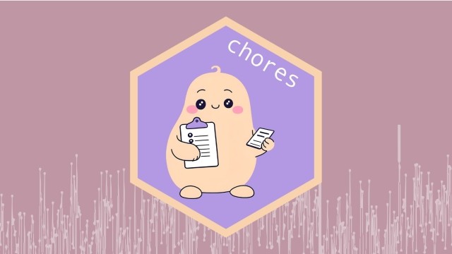 The hex sticker for the chores package: A cartoon illustration of a light orange potato character with rosy cheeks, holding a clipboard with a checklist in one hand and several small cards in the other. The potato is set against a purple hexagon outlined in a lighter orange. The word 'chores' is written diagonally in white in the upper right of the purple hexagon.