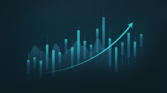A dark teal background with a stylized world map in a lighter teal. Overlaid on the map is an abstract financial chart with glowing teal bar graphs and a wavy white line showing an upward trend, culminating in a teal arrow pointing upwards and to the right