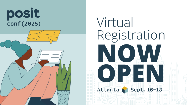 A stylized illustration shows a person with teal hair sitting cross-legged and working on a laptop. A speech bubble appears above them. To the right, large text reads "Virtual Registration NOW OPEN" above "Atlanta" and the dates "Sept. 16-18" with a stylized cube logo. The text also includes "posit conf (2025)".