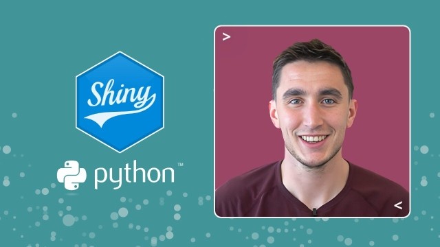 "Graphic featuring the Shiny logo, Python logo, and a portrait of Keith Galli.