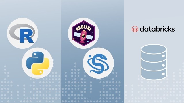 A graphic illustrating data science and big data technologies. On the left, stacked vertically, are the logos for R and Python. In the center, also stacked vertically, are the Orbital logo (featuring a satellite) and the Scala logo (a blue serpent). On the right, stacked vertically, are the Databricks logo and a generic database cylinder icon. The background is a light blue with a subtle, dark blue dot pattern at the bottom.