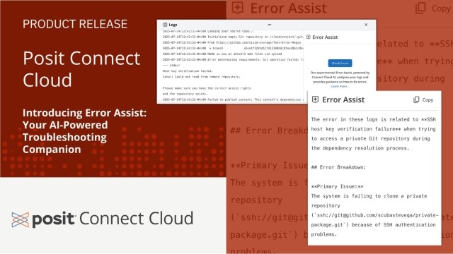 A product release blog image for Posit Connect Cloud, featuring the title "Introducing Error Assist: Your AI-Powered Troubleshooting Companion." The left side of the image has a dark red background with the "Posit Connect Cloud" logo at the bottom. The right side shows two white pop-up windows over a dark red background with white text, detailing logs and an "Error Assist" breakdown.