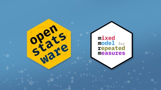 A dark blue background with white dots. Two hexagons are on the left and right sides. The left hexagon is yellow with the text "open stats ware" written on it in dark blue. The right hexagon is white with the words "mixed model for repeated measures" written on it in black, red, blue, and green.