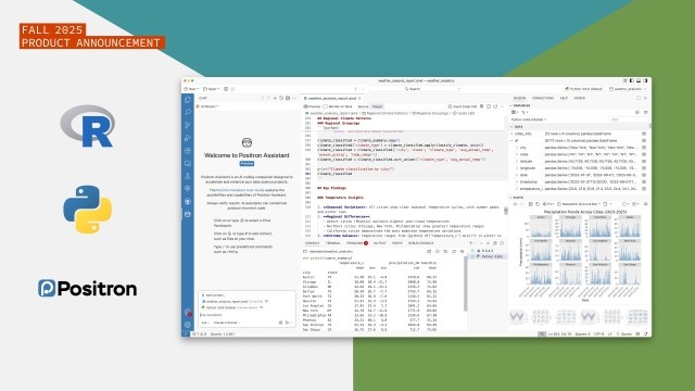 A software interface with a light grey background and a green, orange, and blue color scheme. In the top-left corner, an orange text box reads "FALL 2025 PRODUCT ANNOUNCEMENT." Below it is a logo featuring a blue letter 'R' with a yellow figure next to it, and the word "Positron." The main central panel is a software development environment, showing code with line numbers and comments. The code appears to be analyzing weather data. The right side of the screen shows various panels: one for "VARIABLES," one 