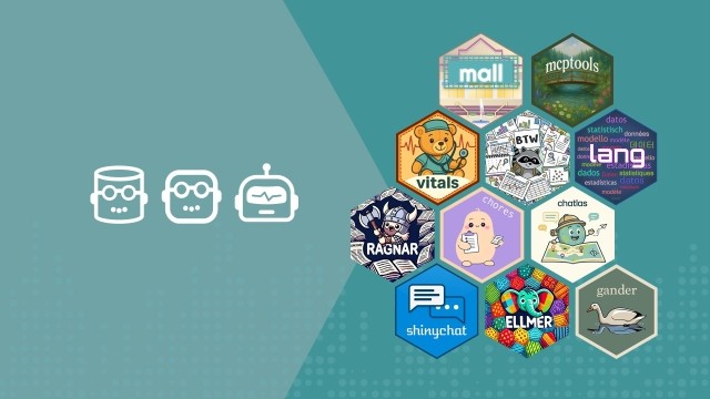 A collection of hexagons, each containing a different icon. On the left are three outlined heads: two with glasses, one a robot. The hexagons include a mall, a bridge, a raccoon, a Viking, and a goose.