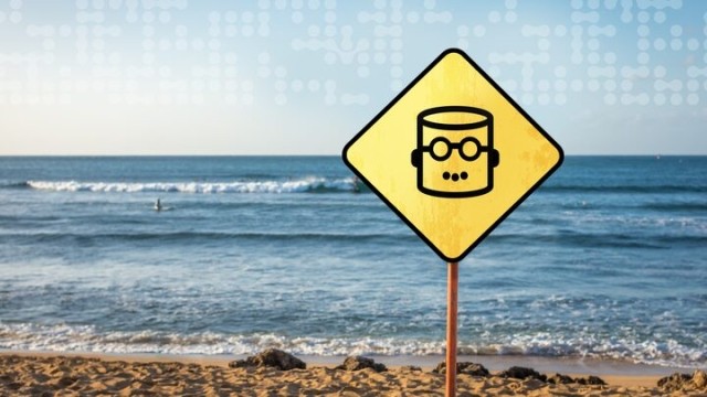 A yellow, diamond-shaped warning sign on a beach with a Databot icon.
