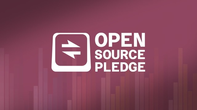 White icon with two opposing arrows next to the words OPEN SOURCE PLEDGE on a purple background with a bar chart pattern.