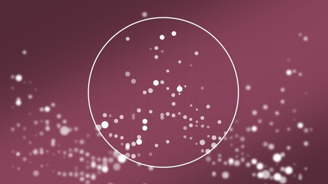 An abstract digital illustration featuring a cluster of white glowing dots on a dark mauve background, centered within a thin white circle over a faint grid.