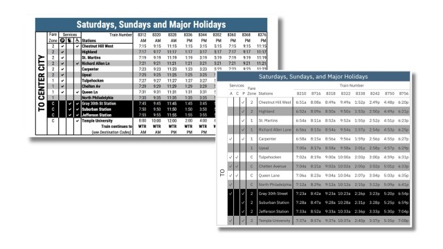 Two train schedule tables for weekend and holiday service to Center City, listing station stops, train numbers, and arrival times.