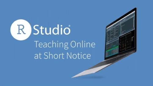 Text: RStudio Teaching Online at short notice. Open laptop showing product user interface