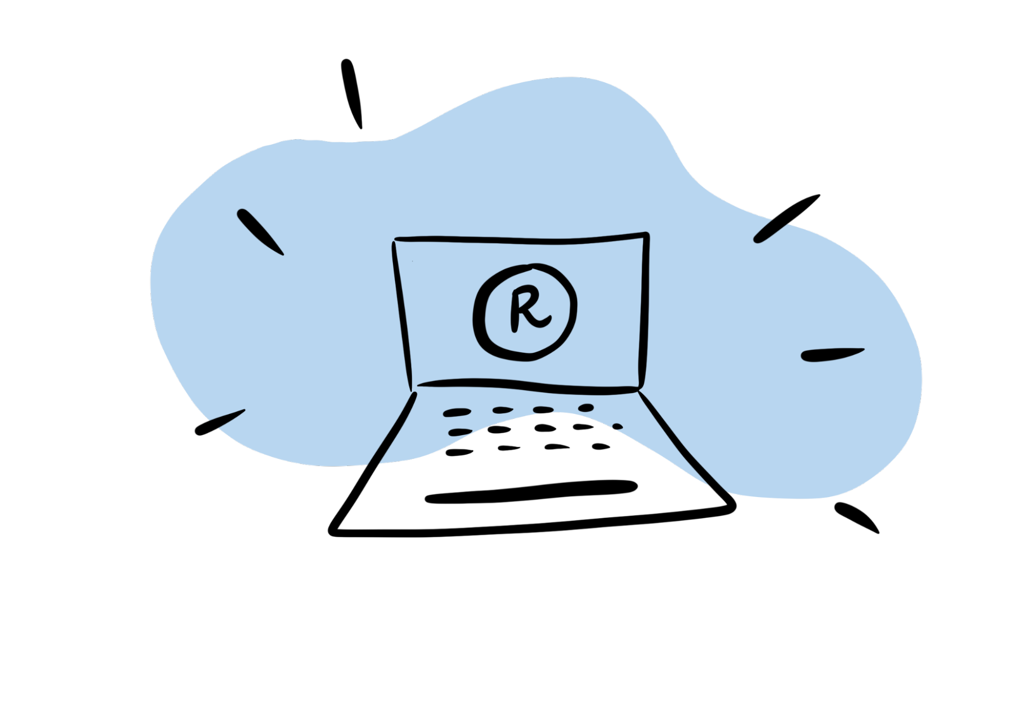 A drawing of a laptop with the RStudio logo on the screen