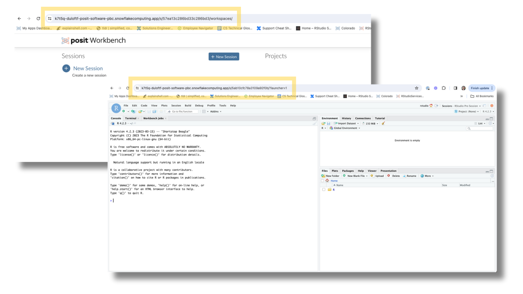 Posit Workbench in Snowpark Container Services. The URL, which has the snowflake domain, is highlighted.
