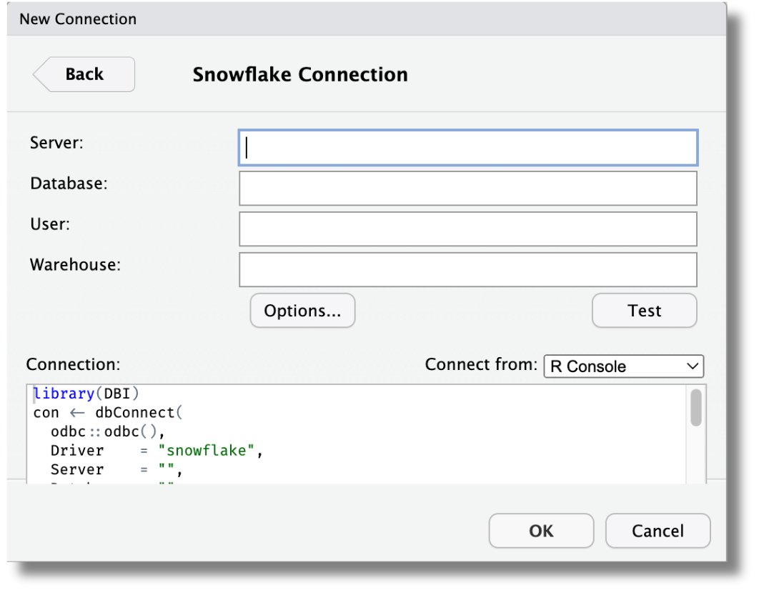 The Snowflake Connection pane where users can input their server, database, user, warehouse info. The code snippet for making the connection is provided.