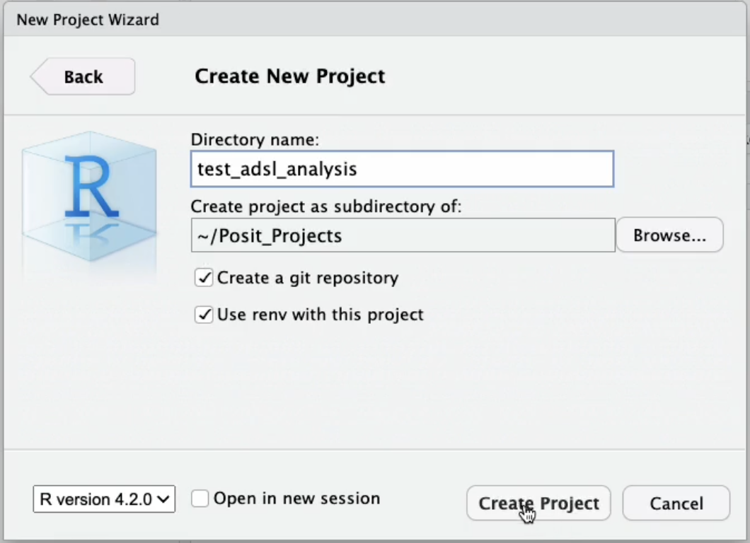 Create new project window in RStudio