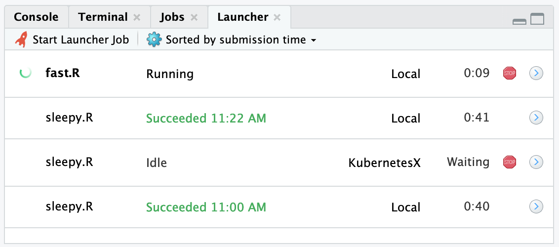 IDE tab showing status of launcher jobs