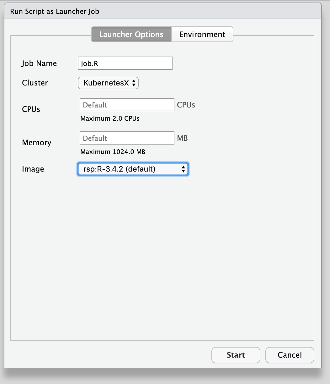 Launcher job option dialog