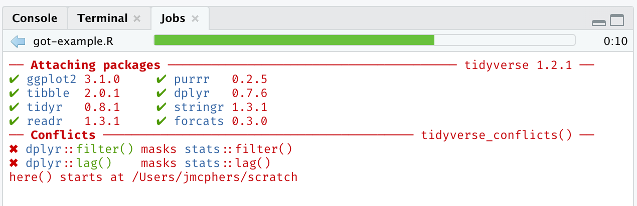 Jobs pane with output of a local job