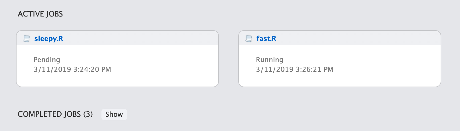 RStudio Server Pro dashboard showing executing jobs