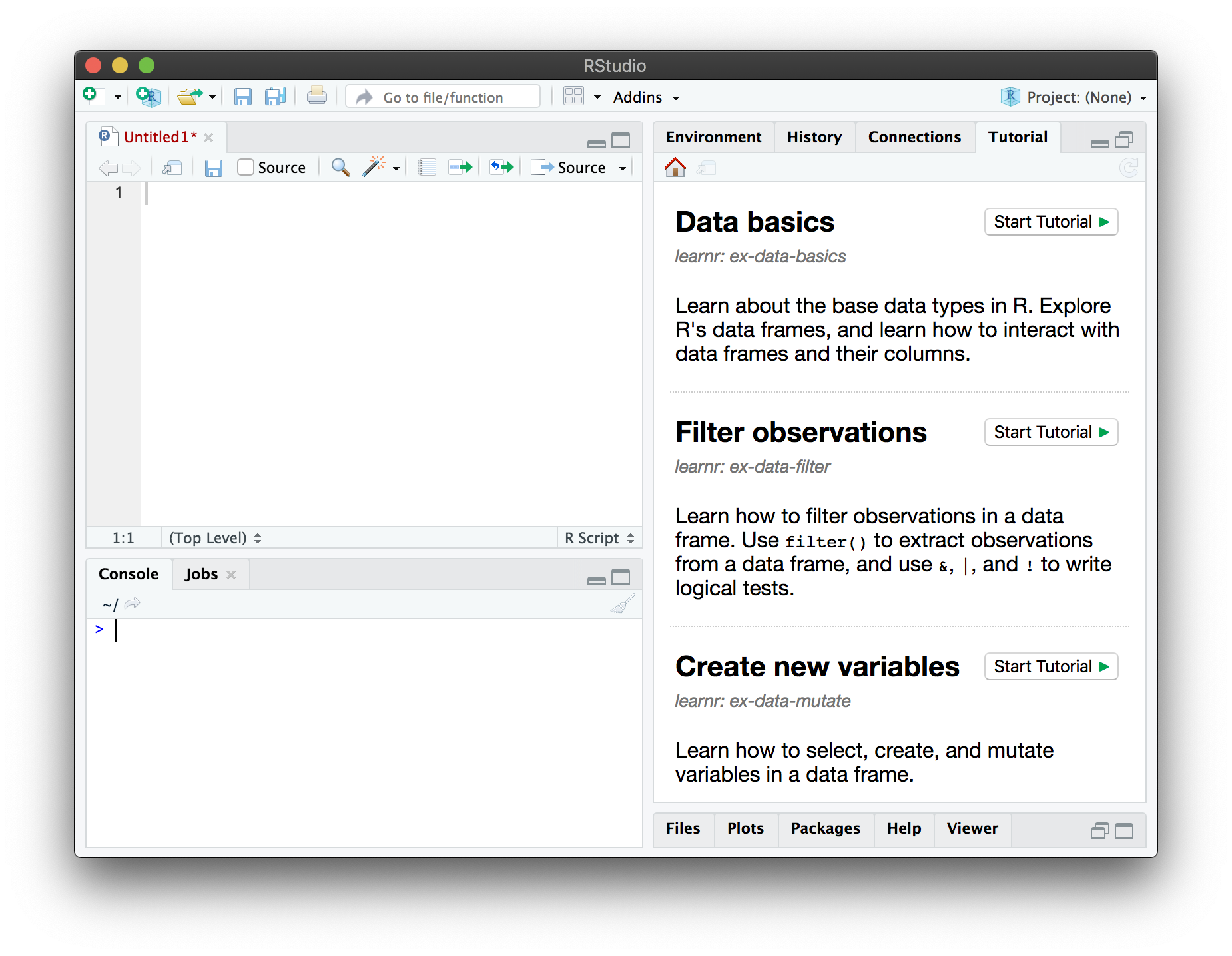 The RStudio IDE, with the Tutorial pane showing a list of available tutorials.