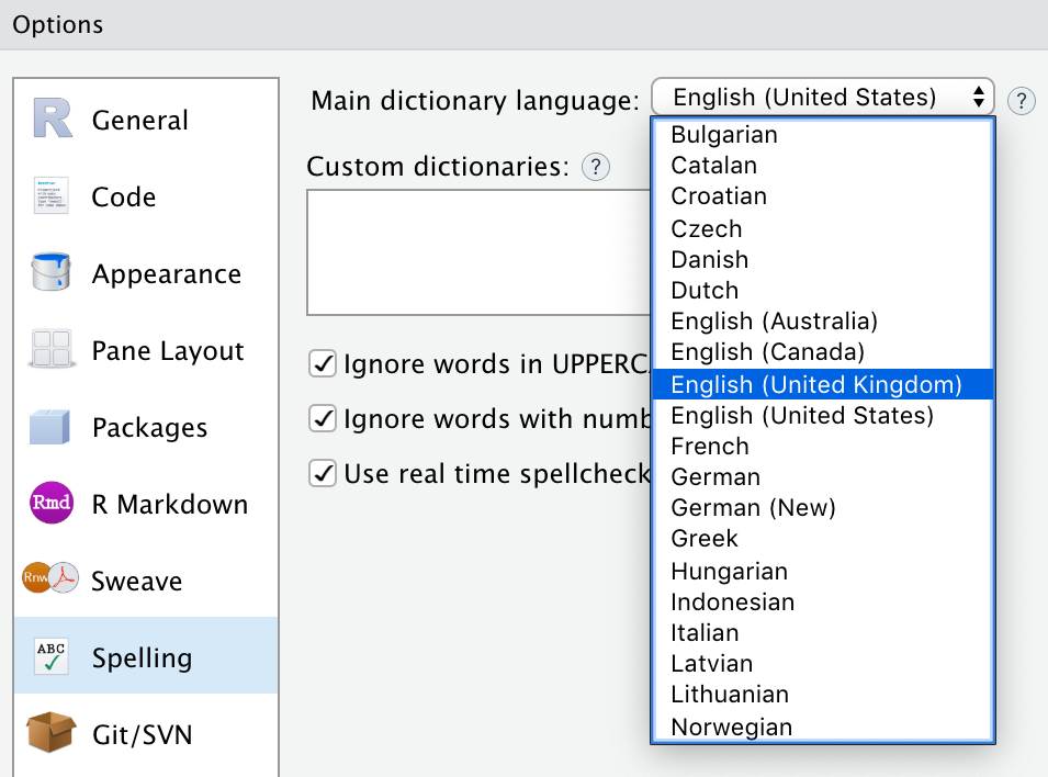 Spellcheck Options Menu