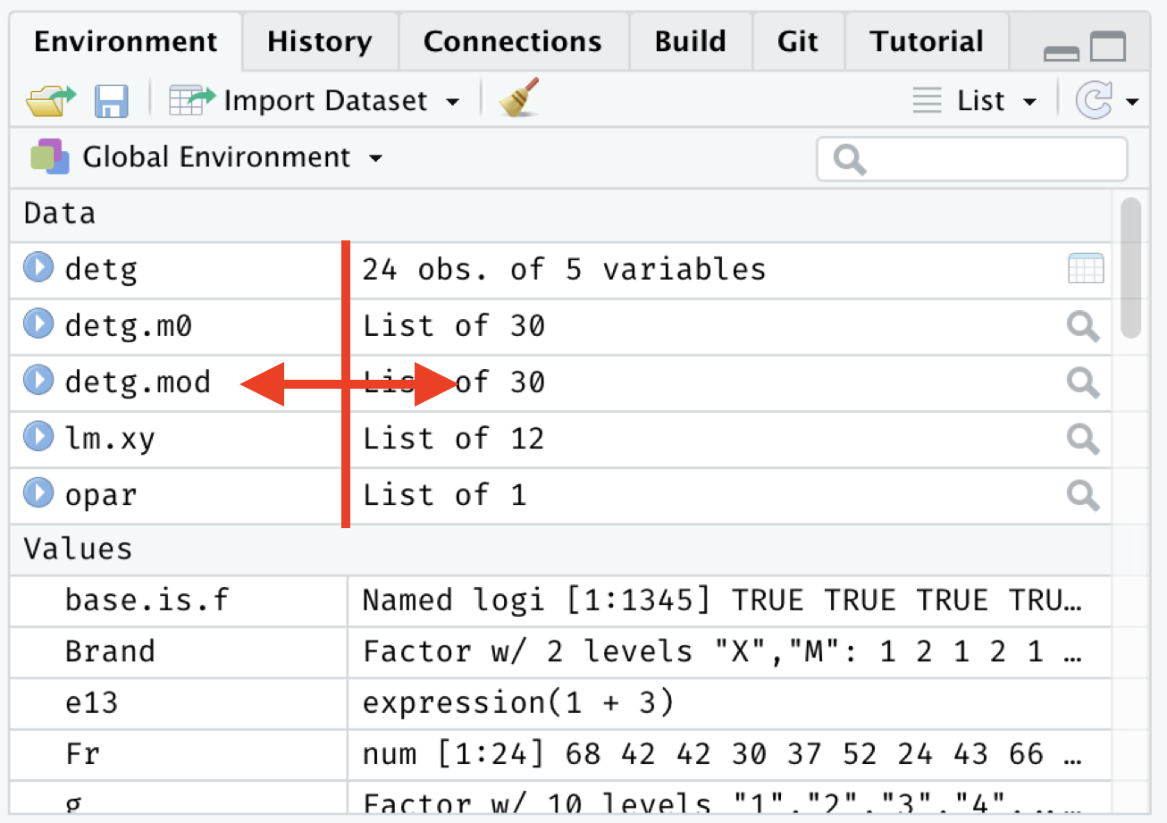 Screenshot showing resizable columns in the Environment pane