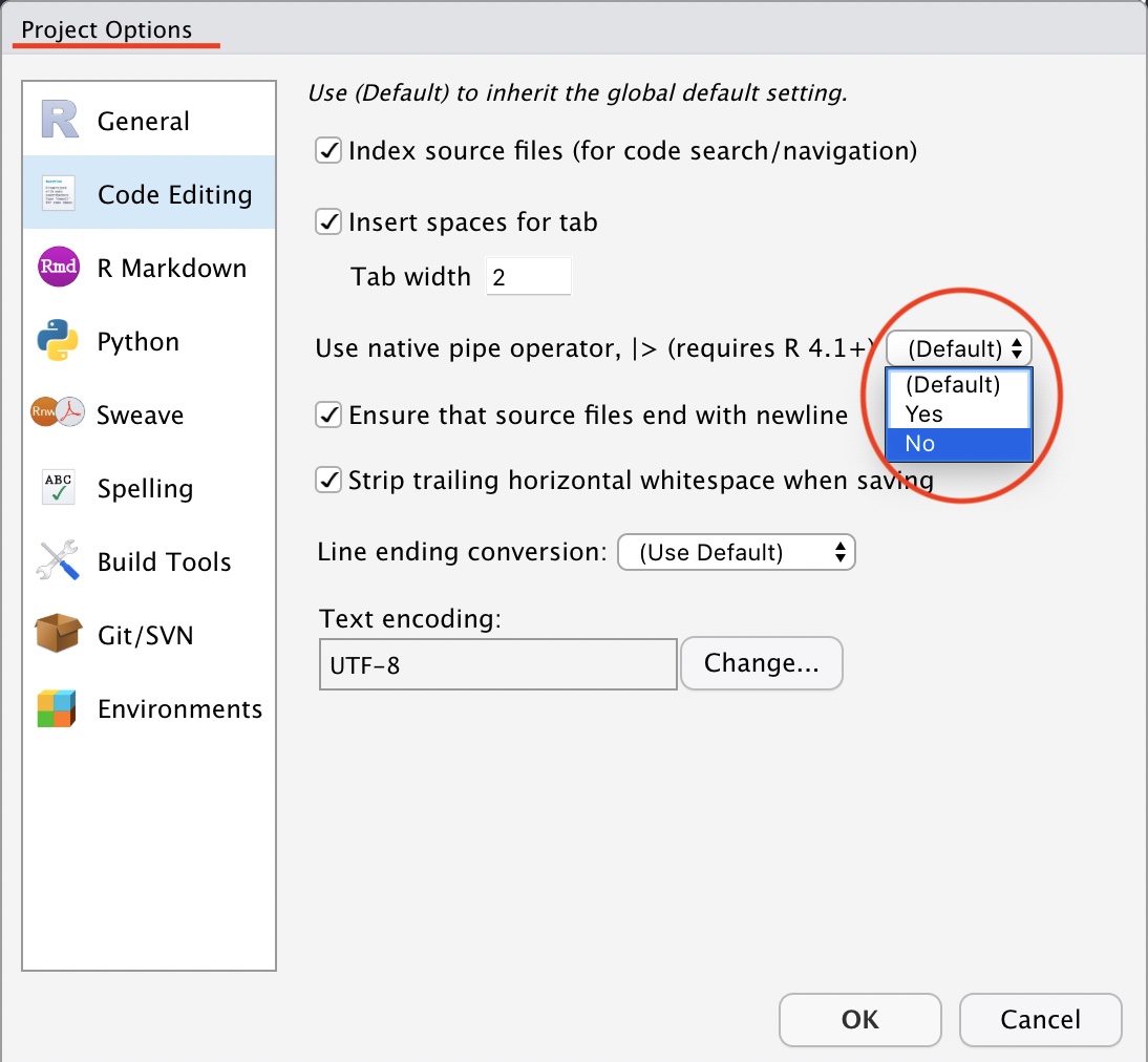 Setting pipe operator in Project Options