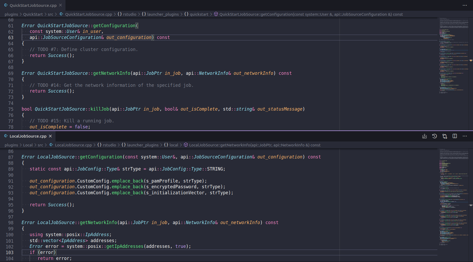 A comparison of the same method in the QuickStart and Local Plugins