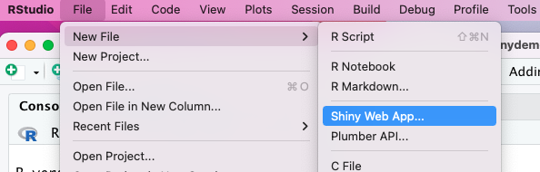 RStudio's file menu opning up a Shiny Web App
