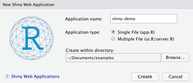 New Shiny Web App window in RStudio with shiny-demo as the name of the new app