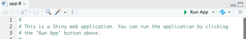 New app.R file letting you know that this is a Shiny app that you can run by clicking Run App
