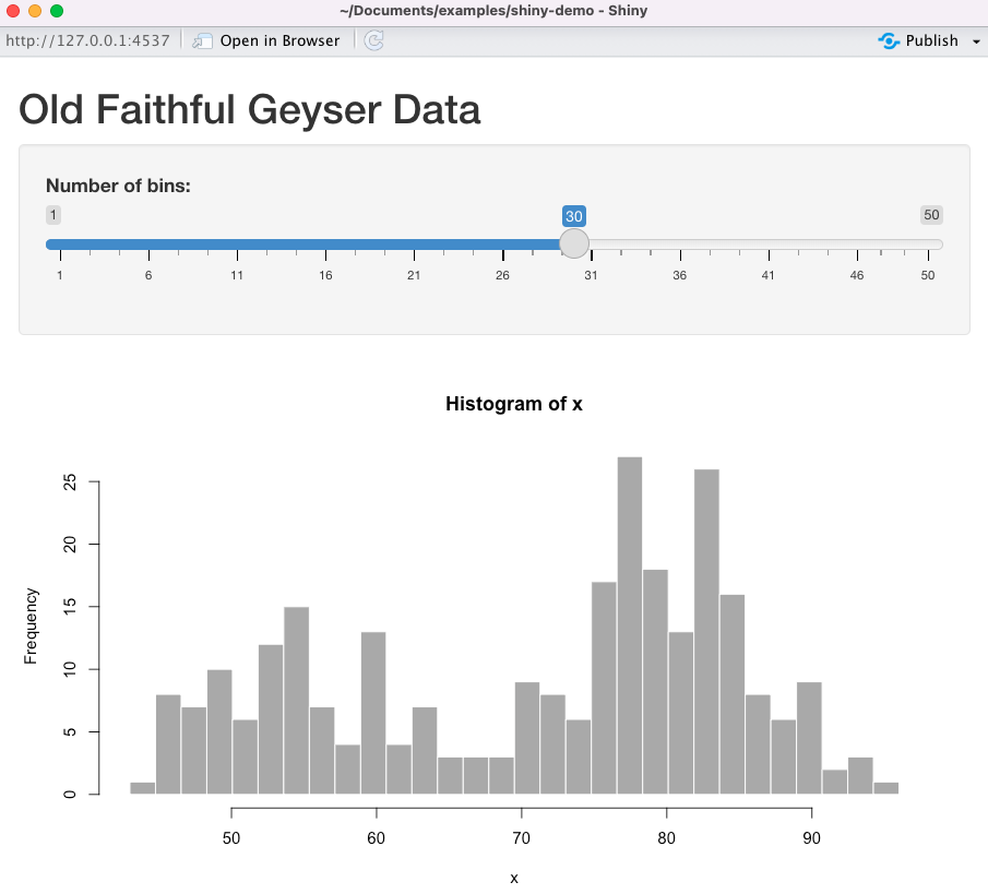 Old Faithful Geyser Data app showing a histogram of the data and a slider for number of bins