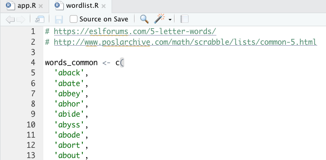 wordlist R file open to show the words common vector of correct words