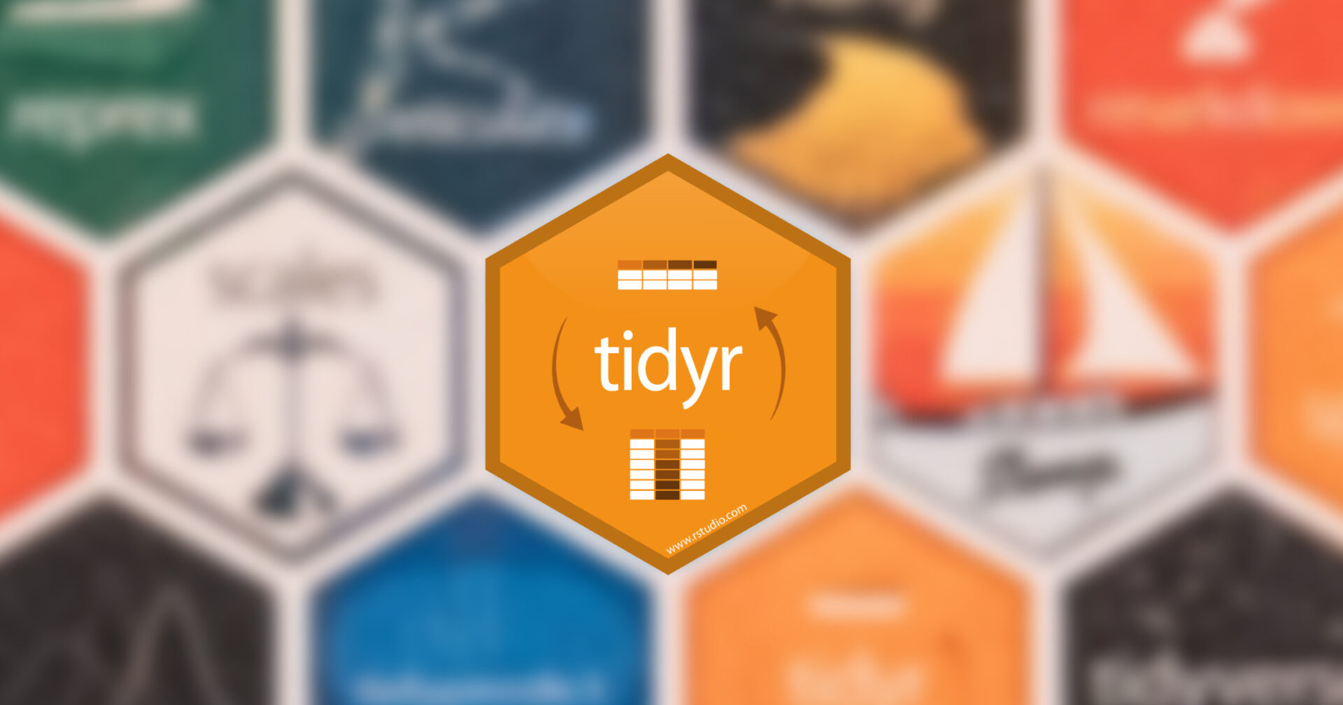 The tidyr package hex on a wall of blurred hexes of other packages