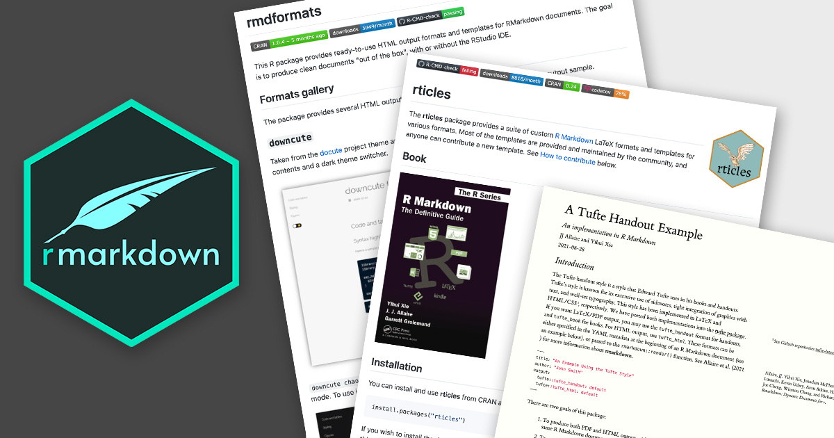 The r markdown hex sticker alongside screenshots of different documents made with R Markdown