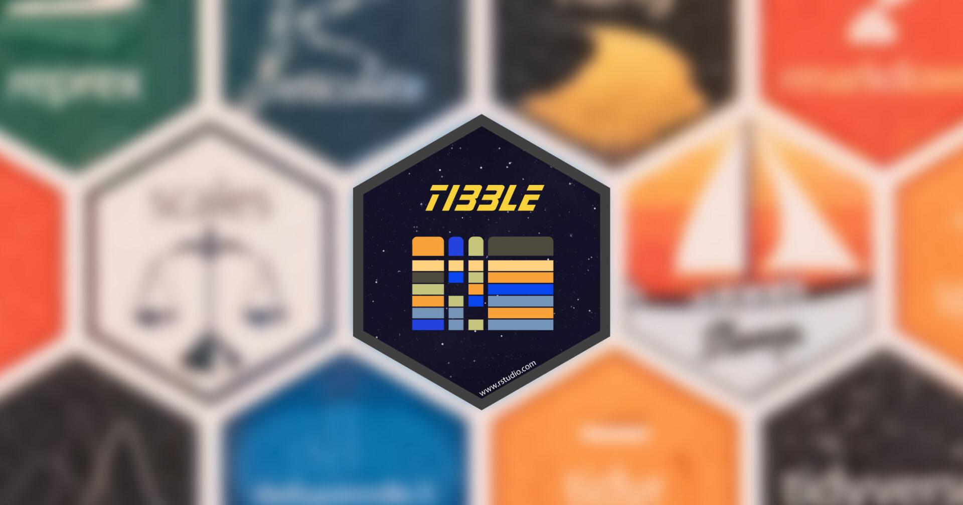 The tibble package hex on a blurred wall of other package hexes