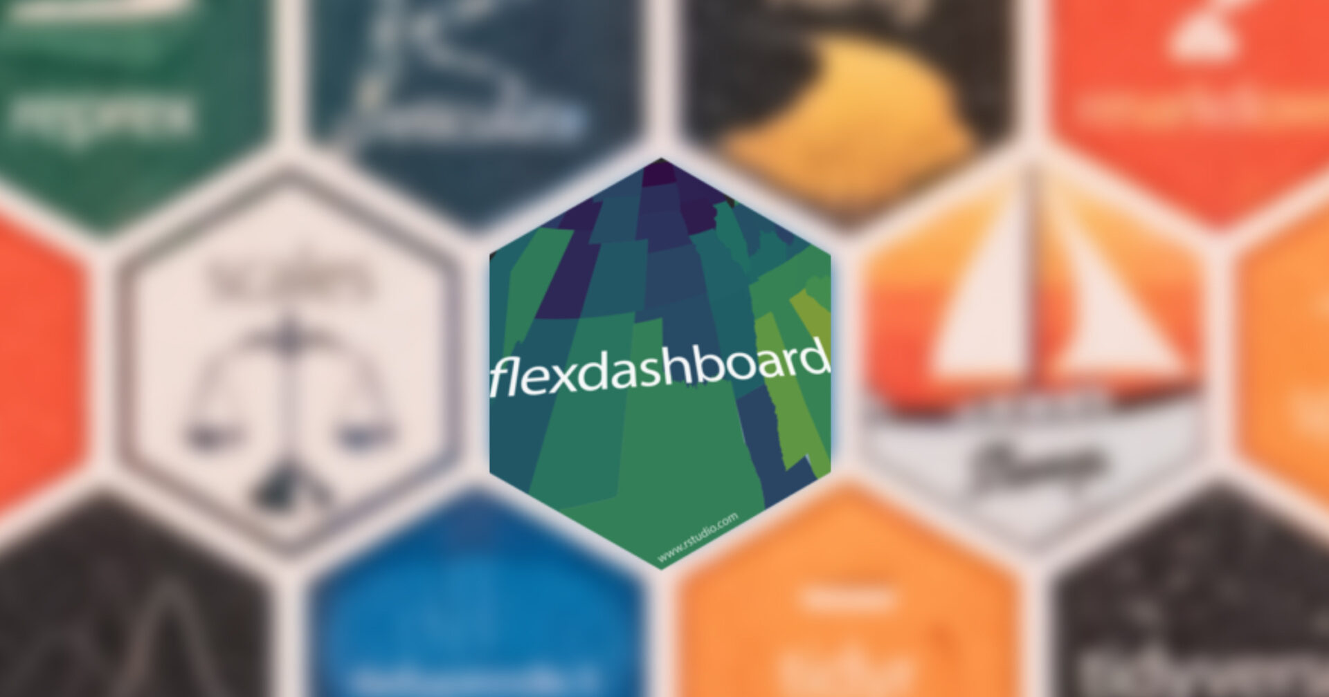 Flexdashboard hex on a blurred wall of other package hexes