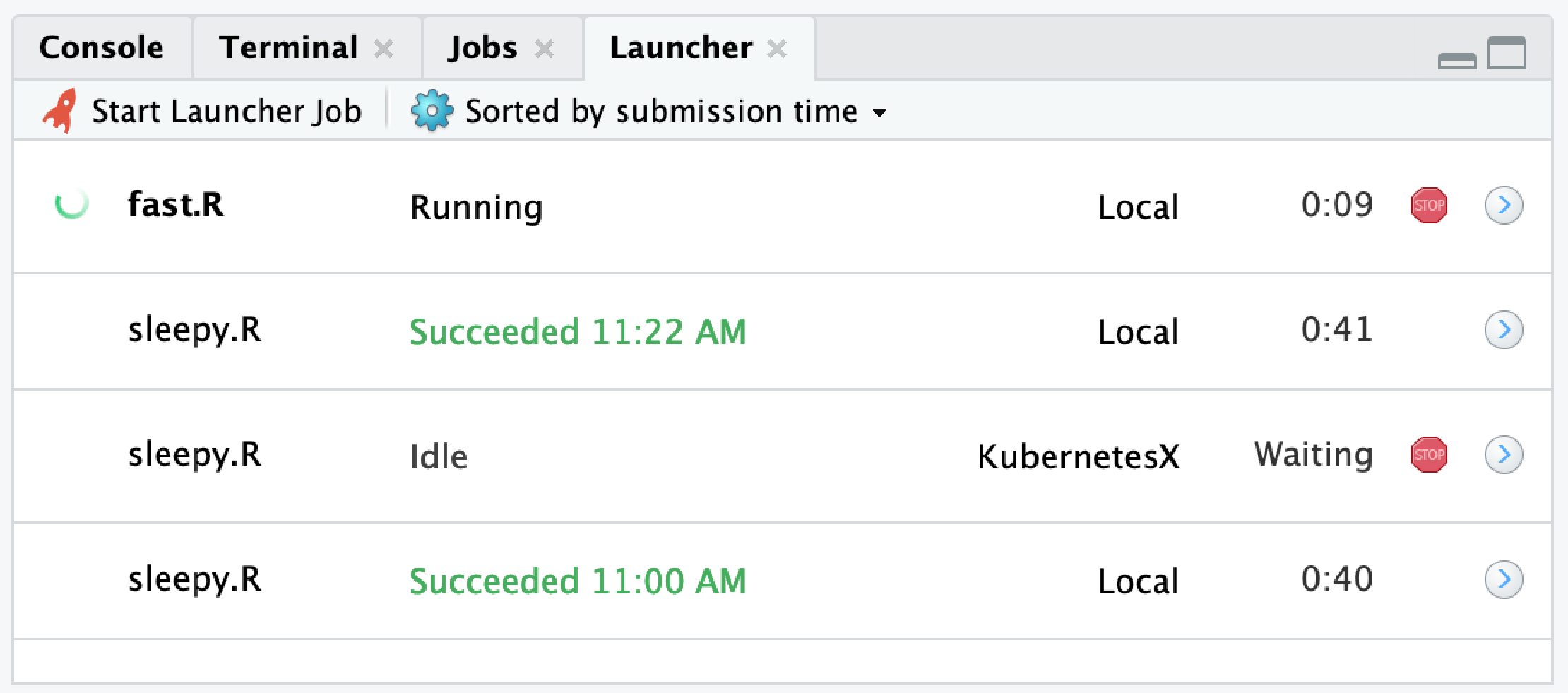 The launcher window from RStudio showing idle sleepy.R files and a running fast.R file