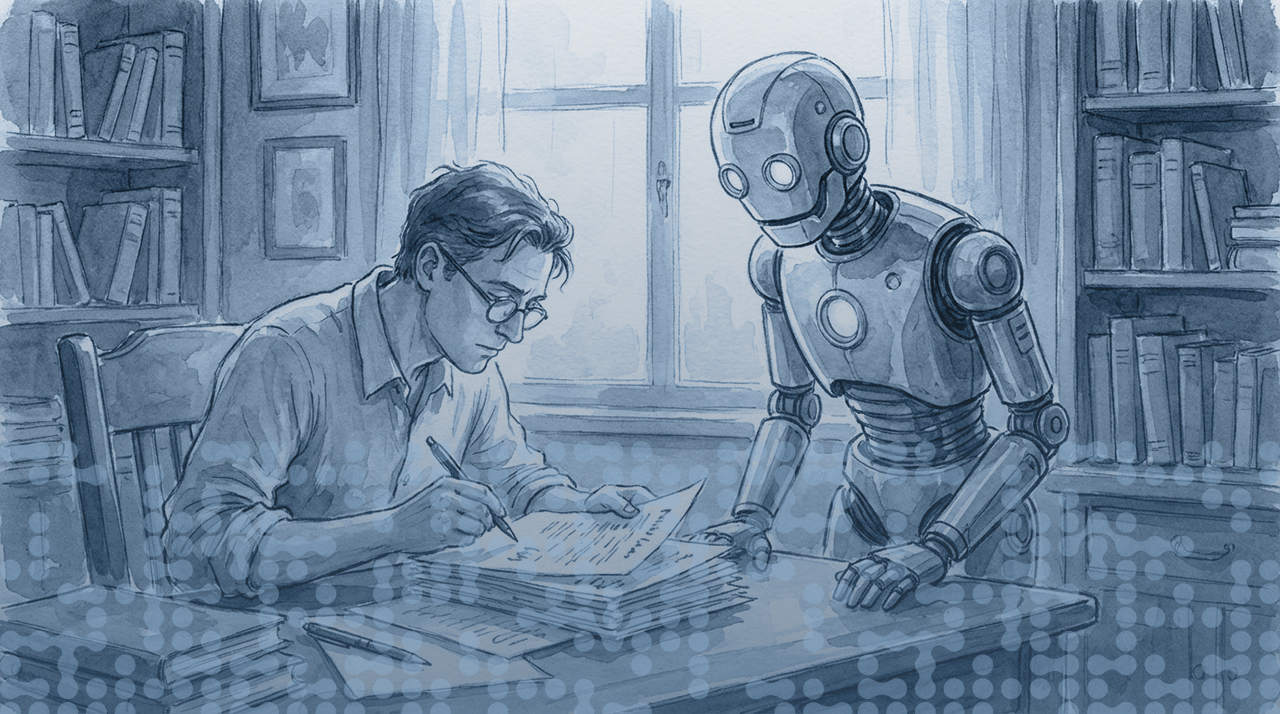 A man with glasses sits at a desk writing on a paper while a robot stands beside him, looking down at his work.