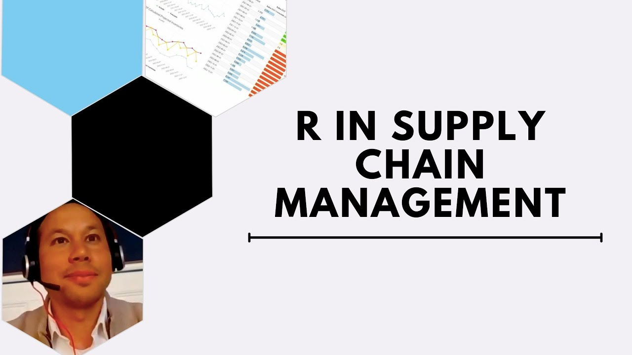Text: R in Supply Chain Management. Three hexes, one containing the photo of Nico Nguyen.