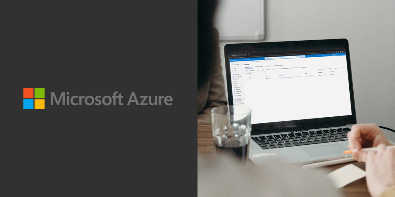 Microsoft Azure logo on dark gray background on the left, people at a table around computer looking at laptop screen with Azure ML interface on the right