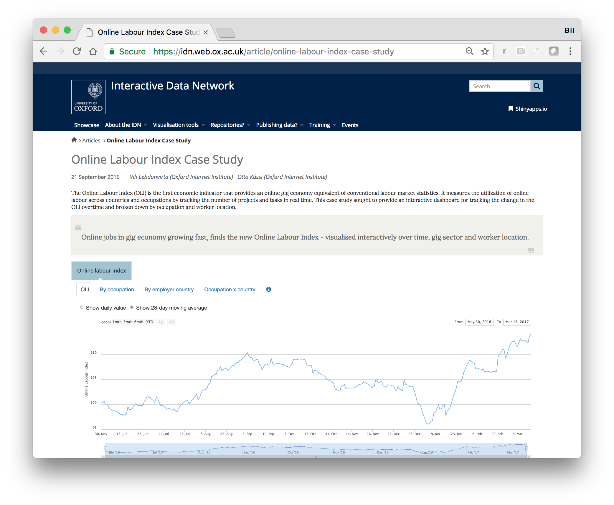 web browser showing Oxford Online Labour Index Case Study with line graph